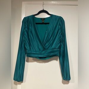 Turquoise satin long sleeve pleated crop top